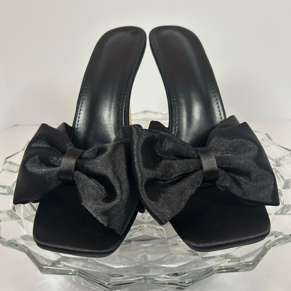 Black Bow High Heel Mules‎ Square Toe Gold Heel Party Dressy Size 43